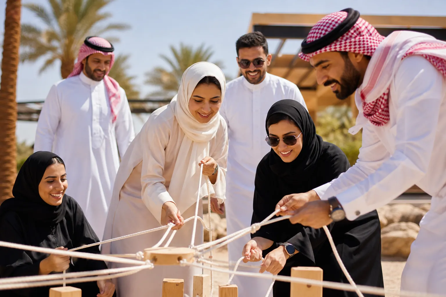 Corporate team engaged in an outdoor experiential leadership challenge