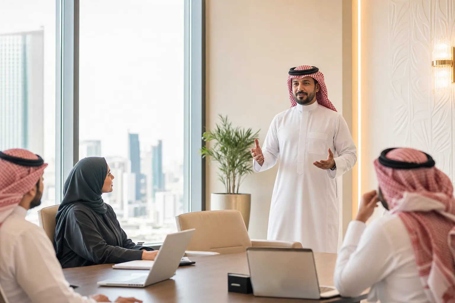 Khaliji business leader facilitating a corporate meeting